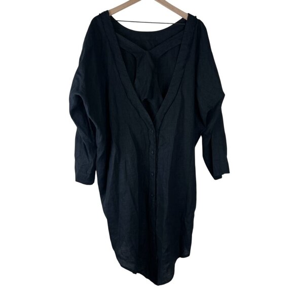 AAKASHA Black Long Sleeve Back Buttoned Linen Tunic Shirt Dress - Picture 6 of 7